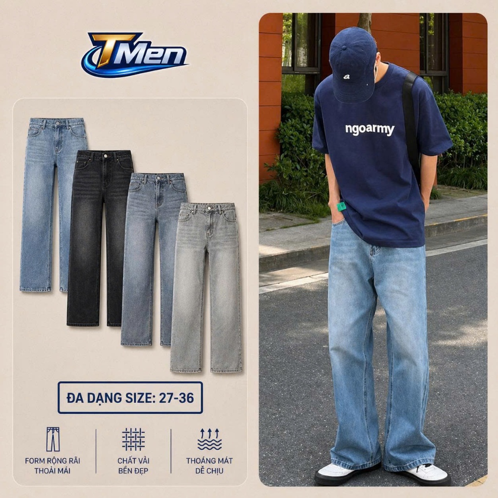 Quần Jean Nam Baggy Cạp Cao Wash, Quần Jean Nam Ống Suông (XÁM/KHÓI/XANH/ĐEN) Chất Liệu Jean cotton Cao Cấp