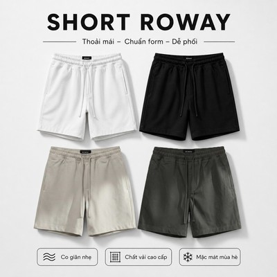 Quần short nam ROWAY, vải kaki cao cấp, hạn chế nhăn| Quần short kaki cạp chun ver2