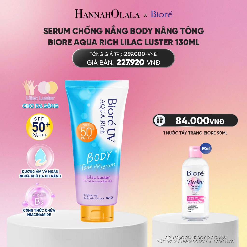 [Bioré x Hannah] Serum Chống Nắng Body Dưỡng Thể Nâng Tông Biore Aqua Rich Lilac Luster 130ml