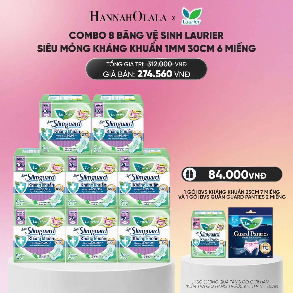 [Laurier x Hannah] Combo 8 gói Băng vệ sinh Laurier Siêu Mỏng 1mm Kháng khuẩn 30cm 6 miếng