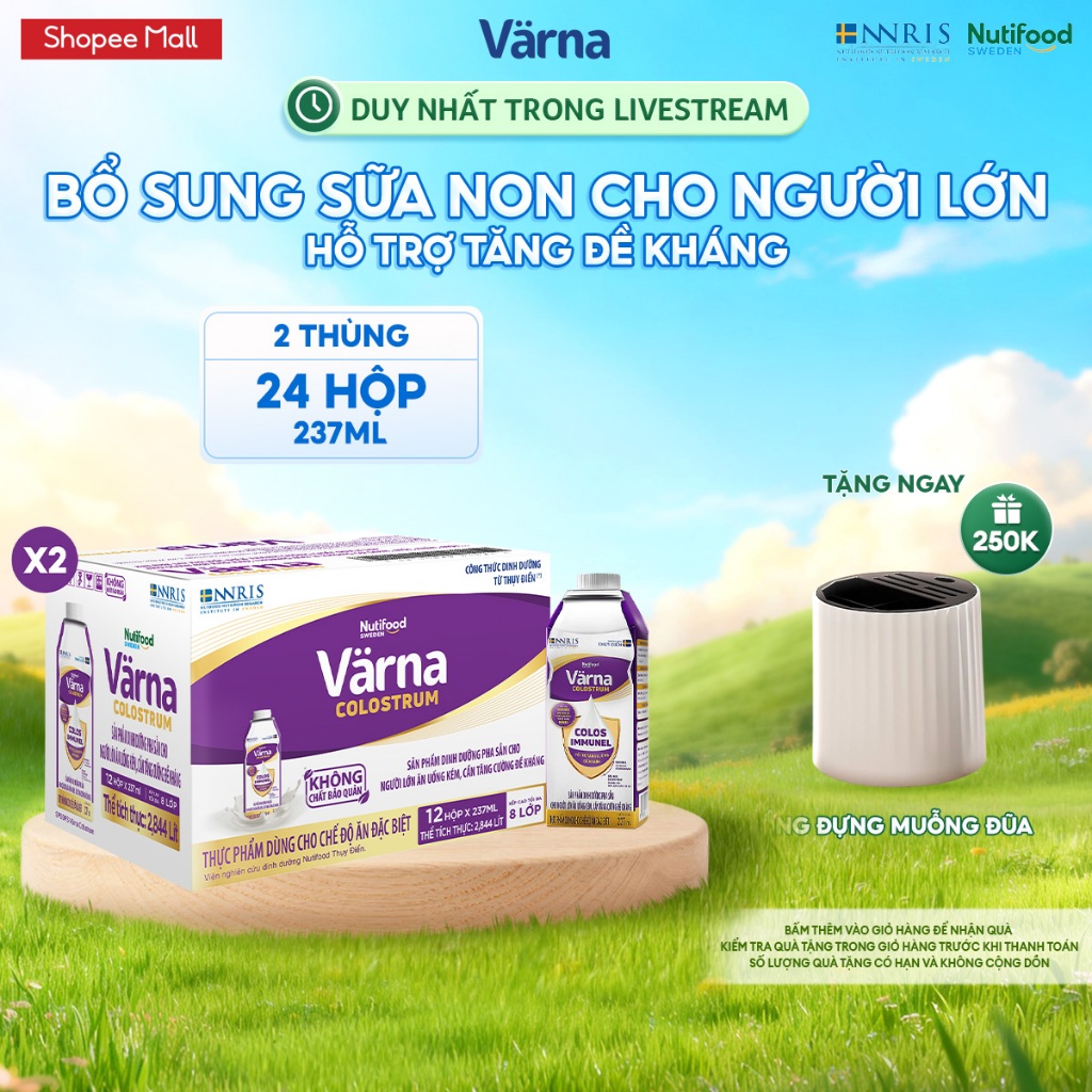 [LIVESTREAM PEWPEW] Combo 2 Thùng 12 hộp sữa bột pha sẵn Värna Colostrum (24 hộp giấy x 237ml)