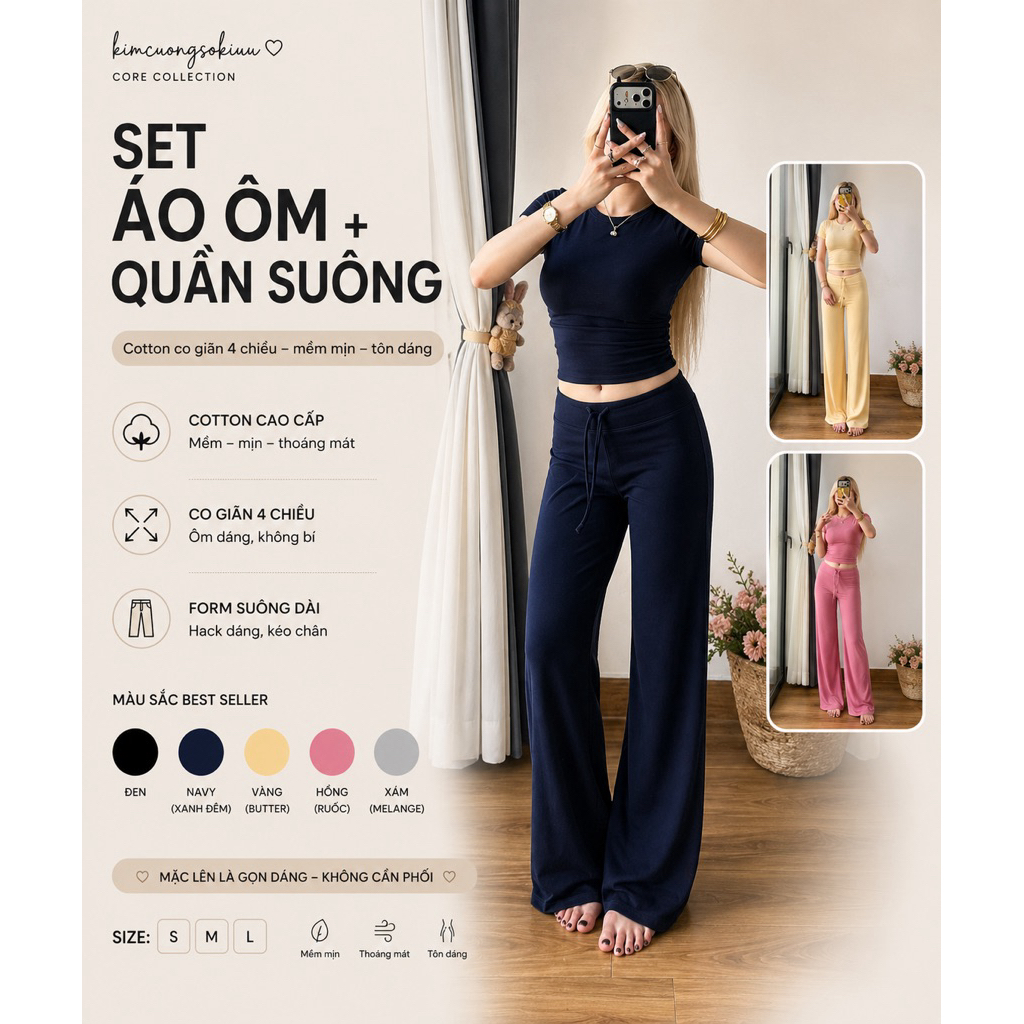 Signature Set Body Fit Áo Ôm Dáng Tay Ngắn & Quần Dài Ống Suông Có Dây Rút Chất Liệu Thun Co Giãn  Mềm Mịn Tôn Dáng | BigBuy360 - bigbuy360.vn