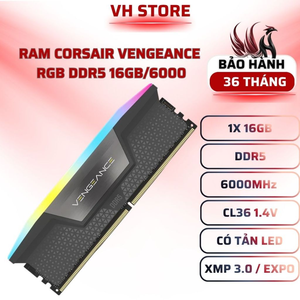 RAM Corsair Vengeance RGB 16GB DDR5 6000MHz CL36 - BẢO HÀNH 36 THÁNG - VHSTORE