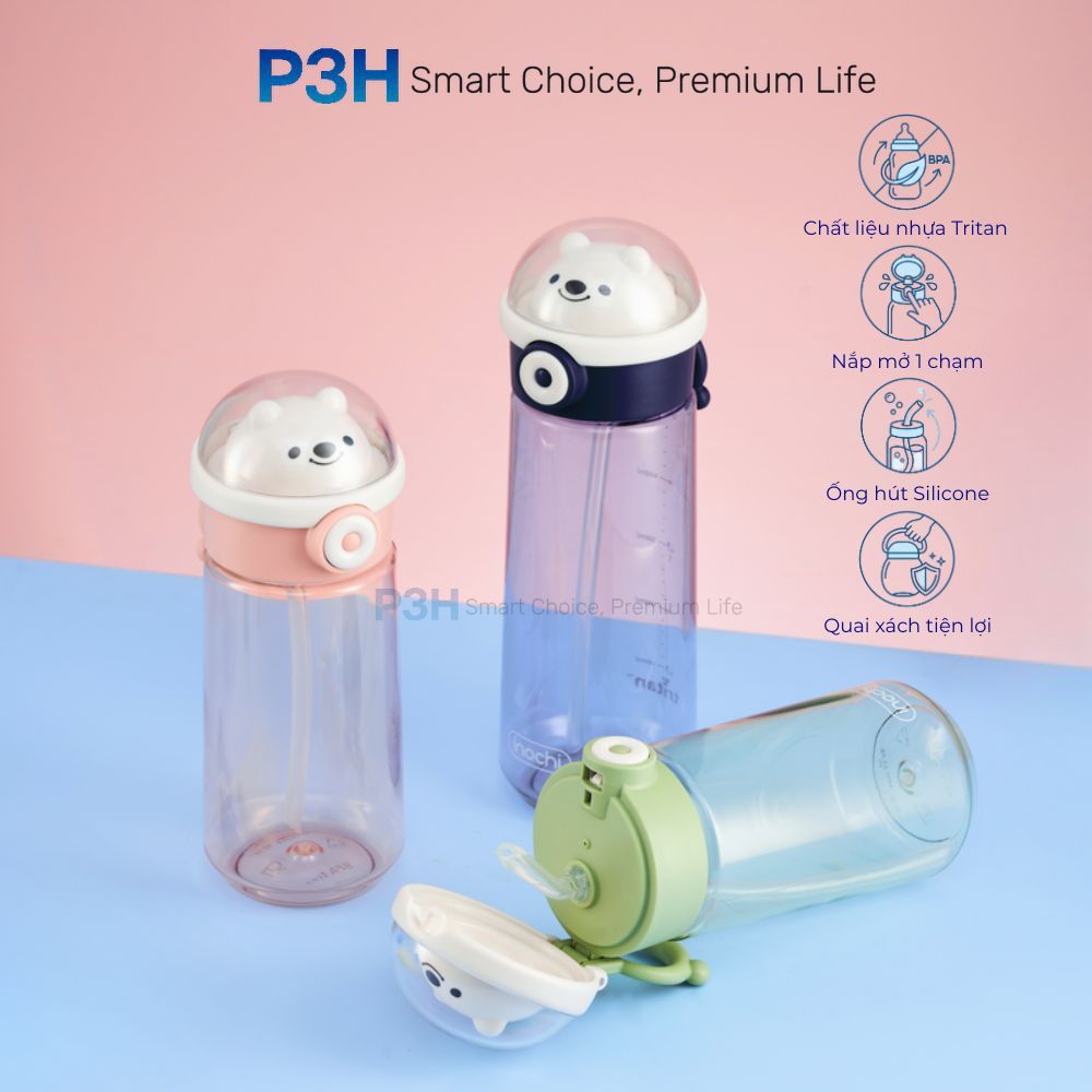 Bình Nước nhựa Tritan Inochi Kita Boo BPA Free ống hút Silicone màu sắc dễ thương P3H Store