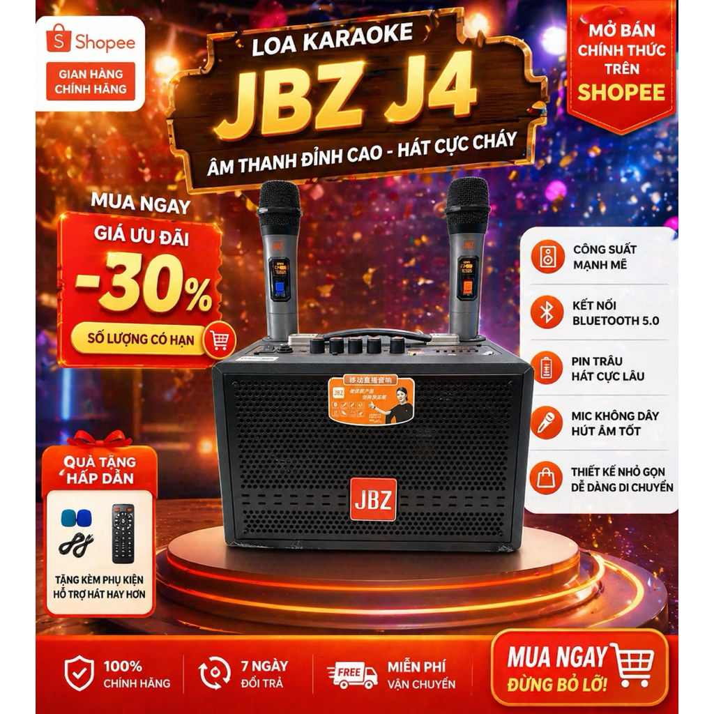Loa Karaoke Bluetooth JBZ J4 Kèm 2 Mic Không Dây Âm Thanh Cực Hay Bass Mạnh Pin Trâu – Công Đức Mobi