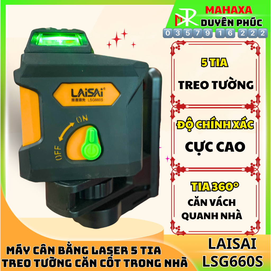 [LSG660S] Máy Cân Bằng Laser Laisai 5 Tia Xanh - Có Chân Treo Tường Quay 360 Độ - Căn Góc Làm Thạch 