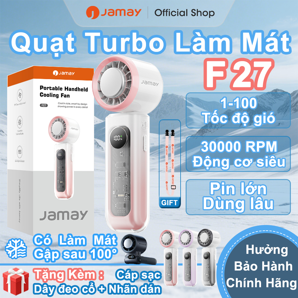 JAMAY Quạt cầm tay di động Chức Năng Lạnh Vỏ trong suốt,quạt Turbo sạc điện Gập 100độ type-C,màn hình LED siêu gió F27 C