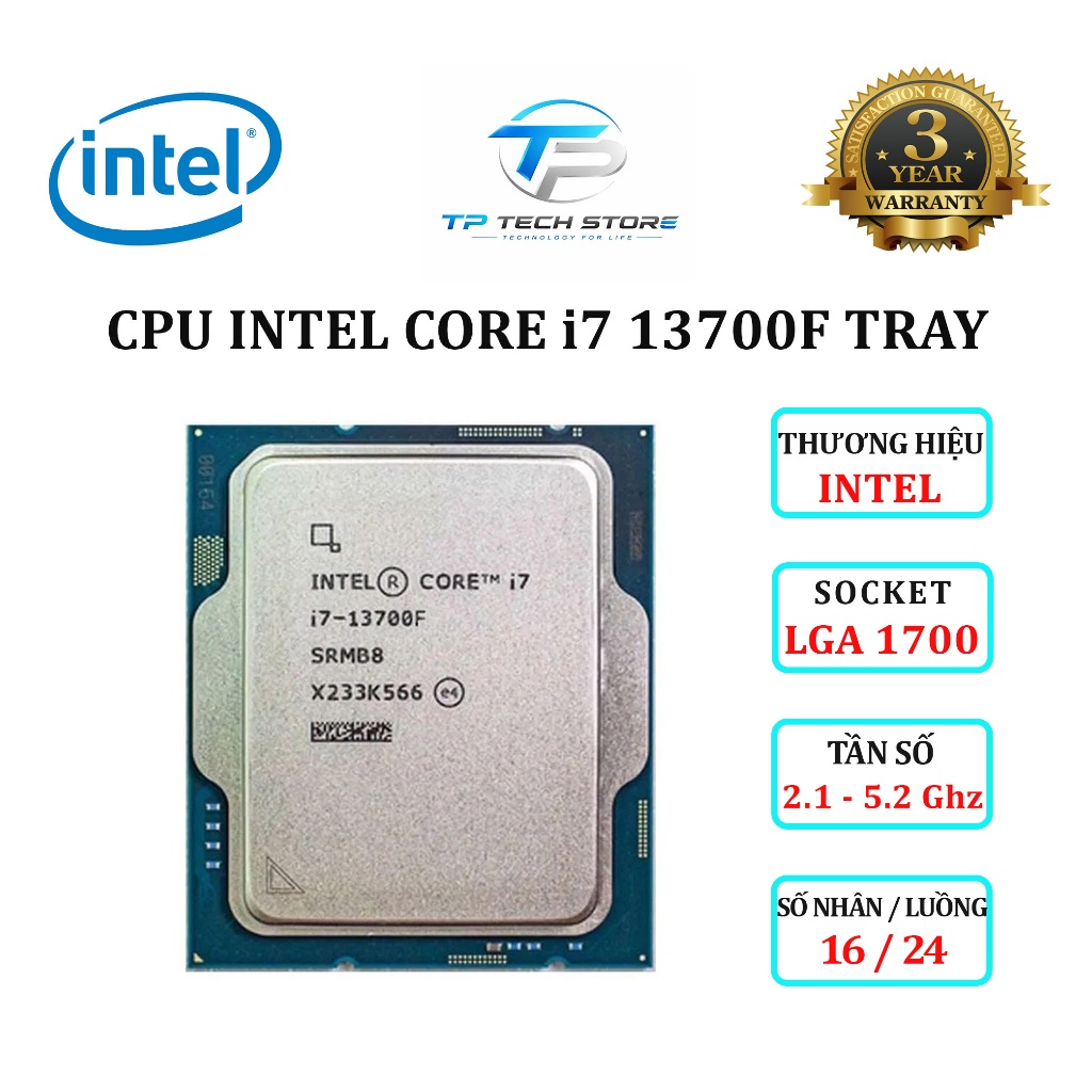 CPU Intel Core i7 13700F | 2.1GHz Turbo 5.2GHz, 16 Nhân 24 Luồng, 30MB, LGA 1700 | Mới, BH 36T
