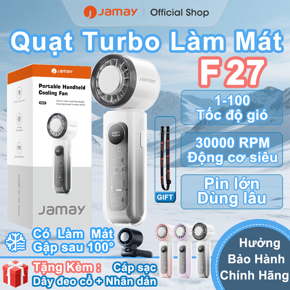JAMAY Quạt cầm tay di động có chức năng làm mát Vỏ trong suốt có Sò lạnh sạc điện Gập 100độ typeC Thiết kế cao cấp F27 B