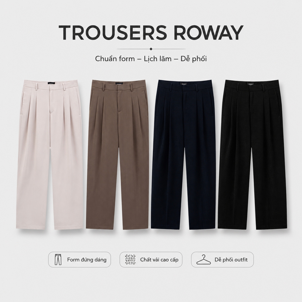 Quần âu nam ROWAY vải chéo Hàn, co giãn nhẹ, Basic Trousers