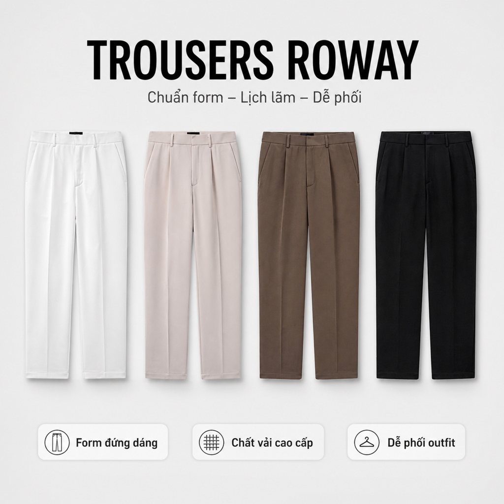Quần âu nam ROWAY vải chéo Hàn, co giãn nhẹ, form Slim crop