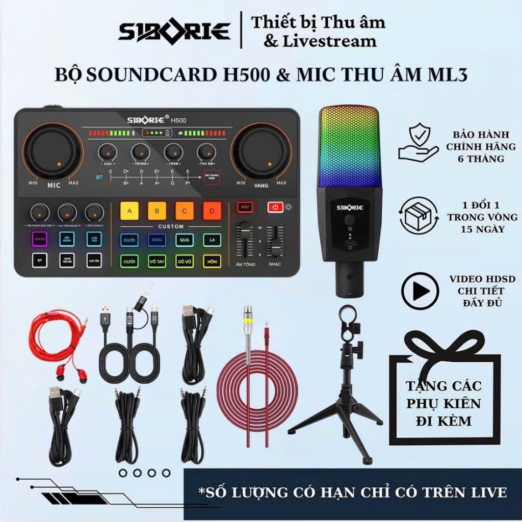 Set Combo Bộ Livestream Mic Thu Âm Kết Hợp Soundcard H500 & Mic ML3, Tai Nghe Phụ Kiện Dây