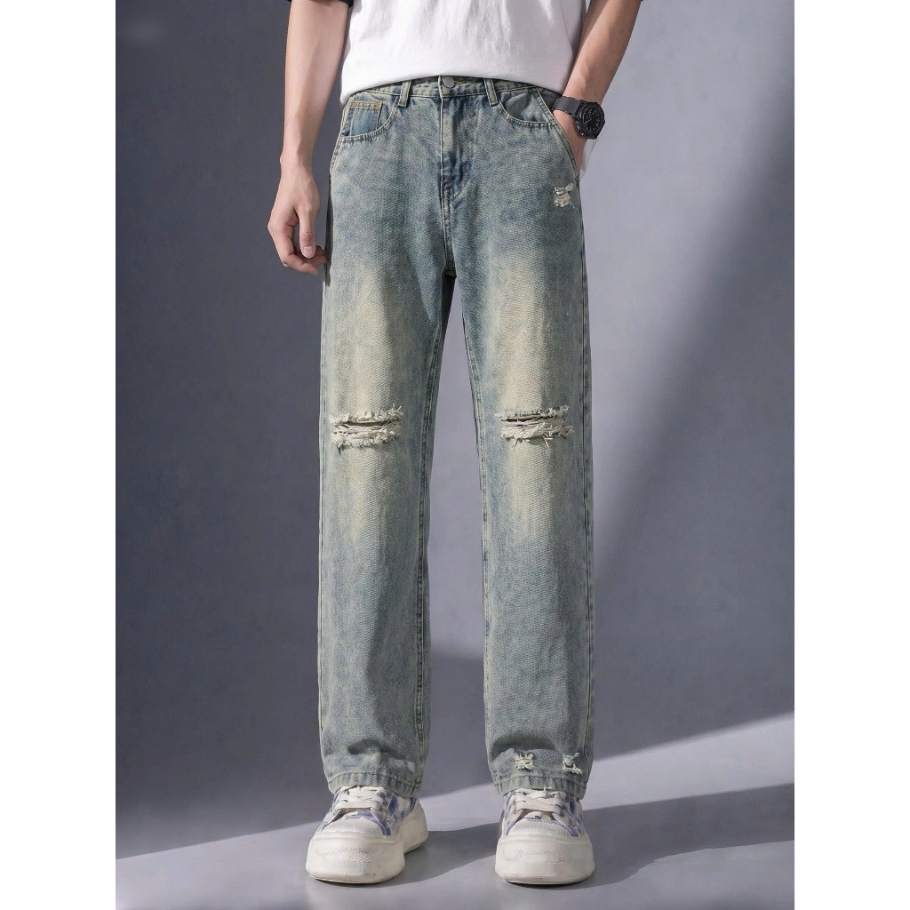 Quần jean nam baggy form suông ống rách thời trang , quần jean nam ống suông chất liệu cao cấp