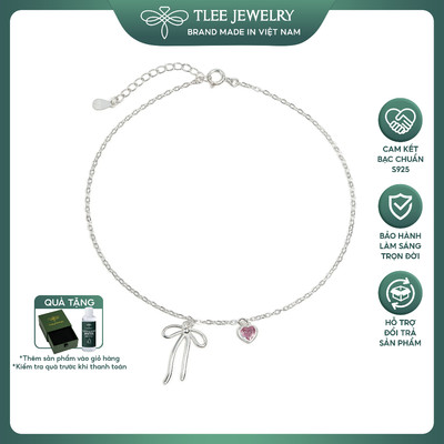 Lắc chân bạc nữ TLEE treo Charm nơ thắt và trái tim đá hồng xinh xắn, nữ tính TLEE JEWELRY LC0145
