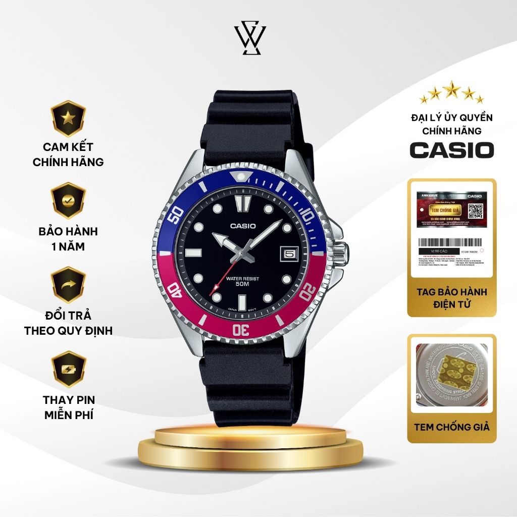 Đồng Hồ Casio MDV-10-1A2VDF Mặt kính khoáng Size 38.5mm Dây Nhựa Chống Nước 5ATM