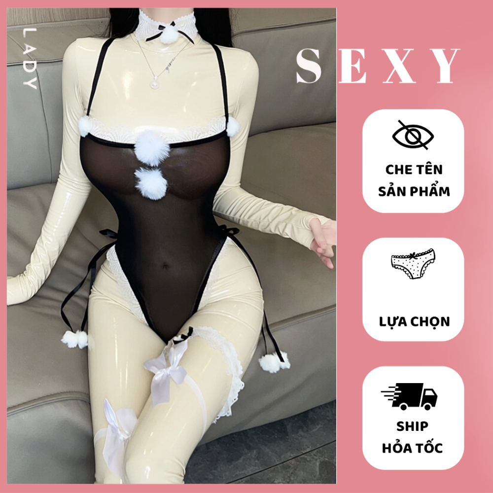 Đồ Ngủ Nữ Bunny Sexy JS52 - Bodysuit Voan Lưới Xuyên Thấu Nơ Pom Pom Đuôi Thỏ, Cosplay Bunny Girl Li