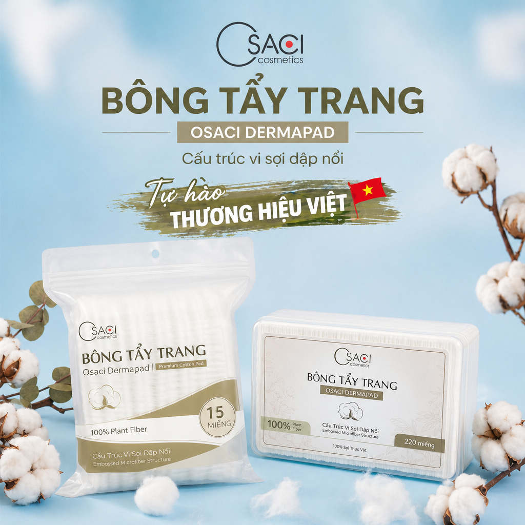 Hộp 220 Miếng Bông Tẩy Trang Cấu Trúc Vi Sợi Dập Nổi Không Xơ Bông Osaci Dermapad