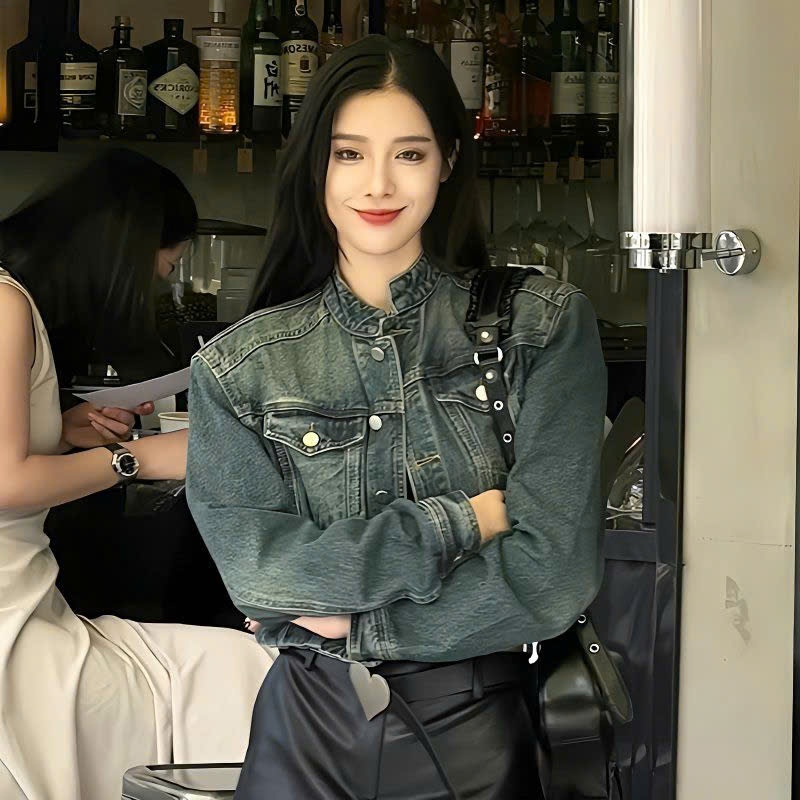 (Hàng đặt ttrước) Áo khoác dáng ngắn jacket denim cổ trụ màu bụi cá tính hàng thiết kế style Hongkon