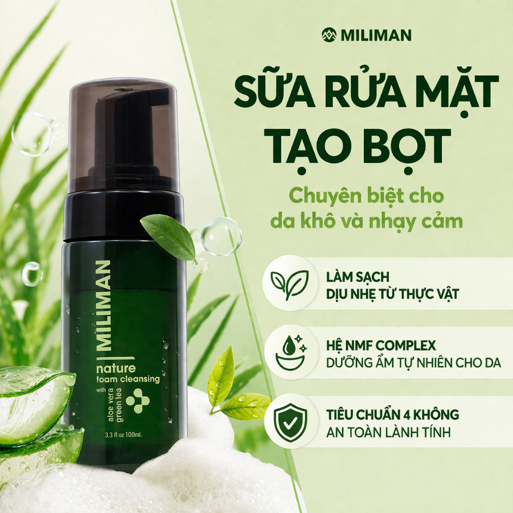 Sữa Rửa Mặt Nam Chuyên Cho Da Khô, Da Nhạy Cảm MILIMAN 100ml | Bọt Lành Tính, Dịu Nhẹ, Cân Bằng Ẩm