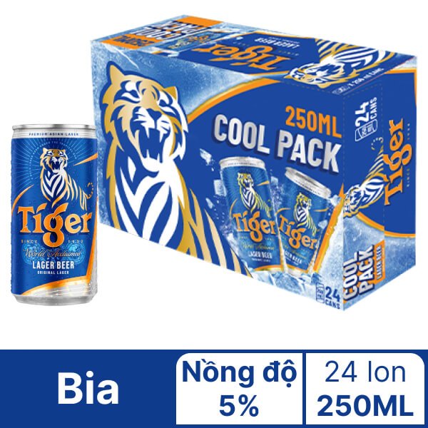 Thùng 24 Lon Bia Tiger Cool Pack 250ml/Lon - Bia Tiger Nâu Nhãn Vàng Đậm Đà (Lon Nhỏ Tiện Lợi)