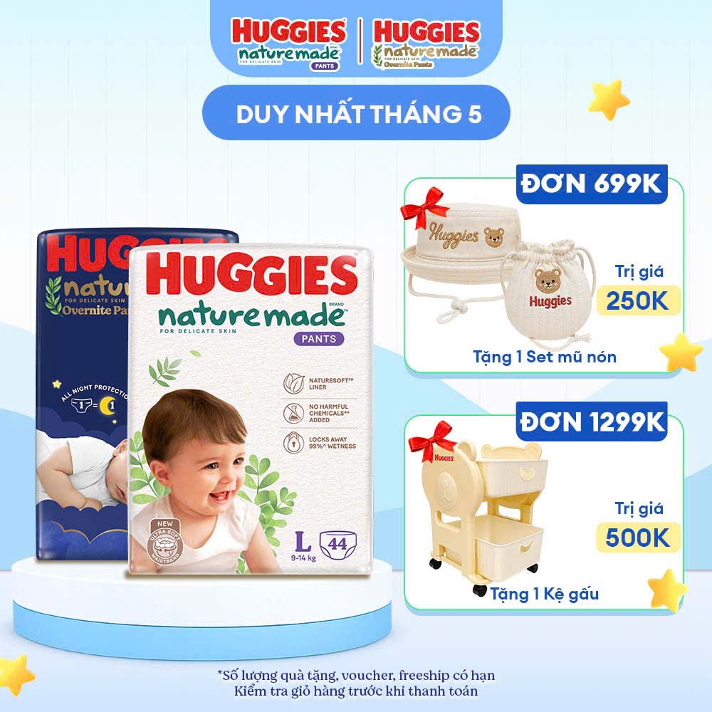 Tã / bỉm quần / dán Huggies Platinum Nature Made, OVN đêm NB/ S/M/ L/ XL/2XL