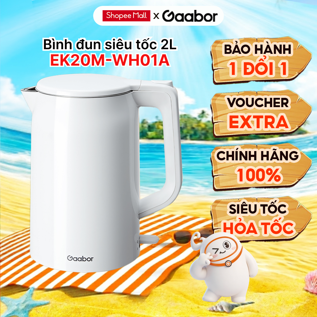 Ấm đun siêu tốc Gaabor EK20M-WH01A dung tích 2L 1500W lòng ấm inox 304 đúc nguyên khối