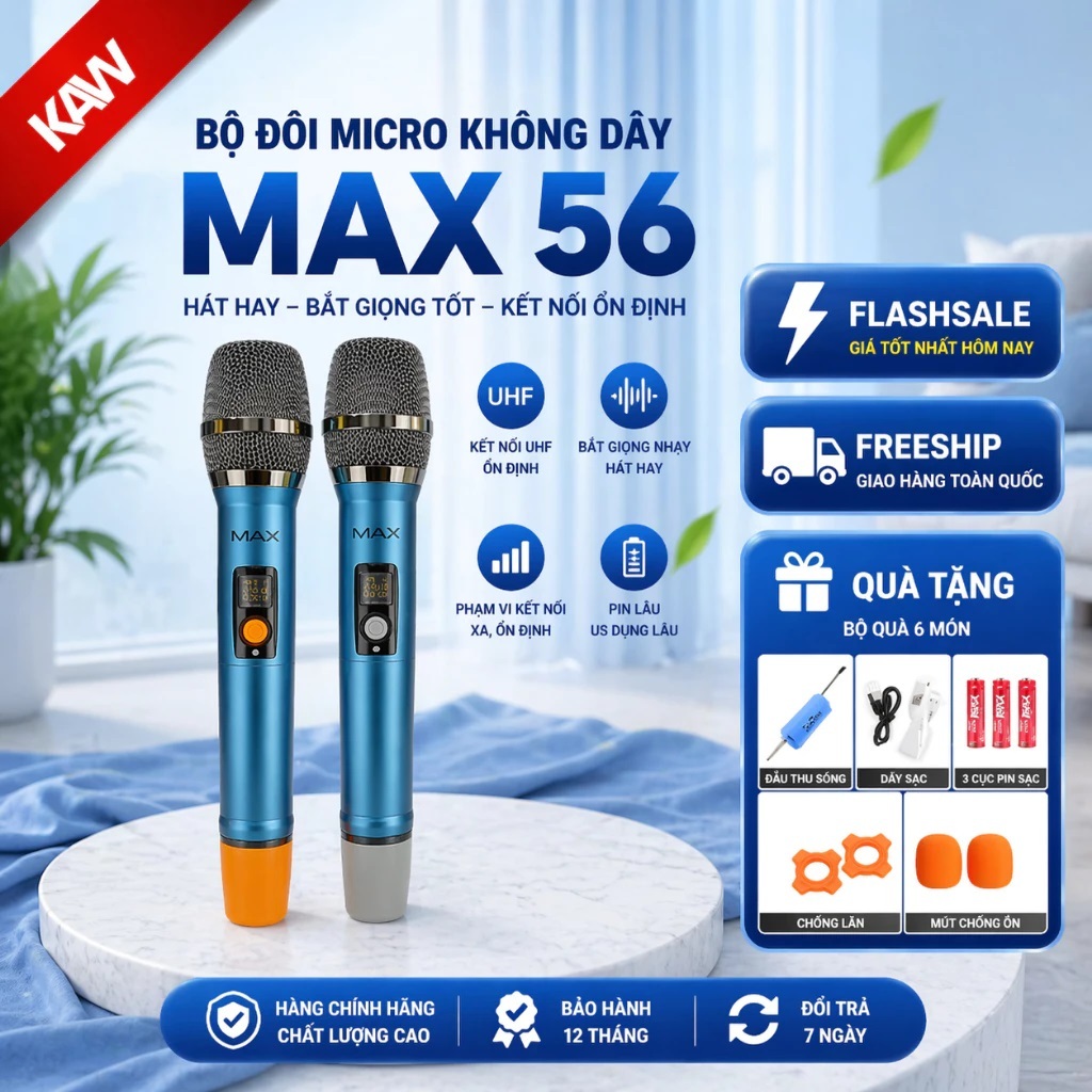 ( XẢ KHO ) Micro Karaoke Không Dây MAX 56 , Micro Đa Năng Cho Loa Kéo, Âm Ly Karaoke Gia Đình Chống 