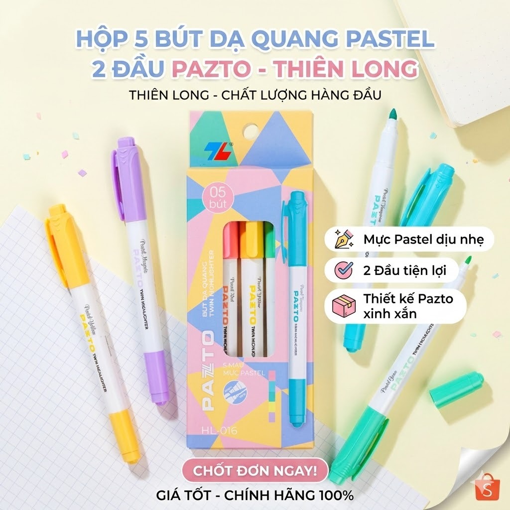 Set 5 Bút Dạ Quang Pastel Thiên Long 2 đầu Pazto
