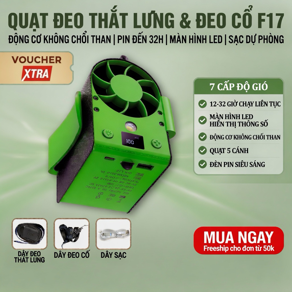 Quạt Đeo Thắt Lưng F17 Tirek 15000mAh - BH 12 Tháng, Tặng 3 Món, Động Cơ Không Chổi Than, Đèn Pin + 