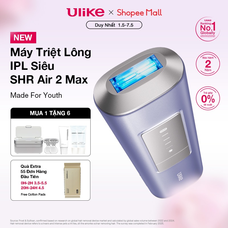 (Hannah)Máy Triệt Lông Ulike Air 2 Max Tím Aurora-Công Nghệ IPL triệt lạnh bằng đá Sapphire,siêu xung độc quyền USHR