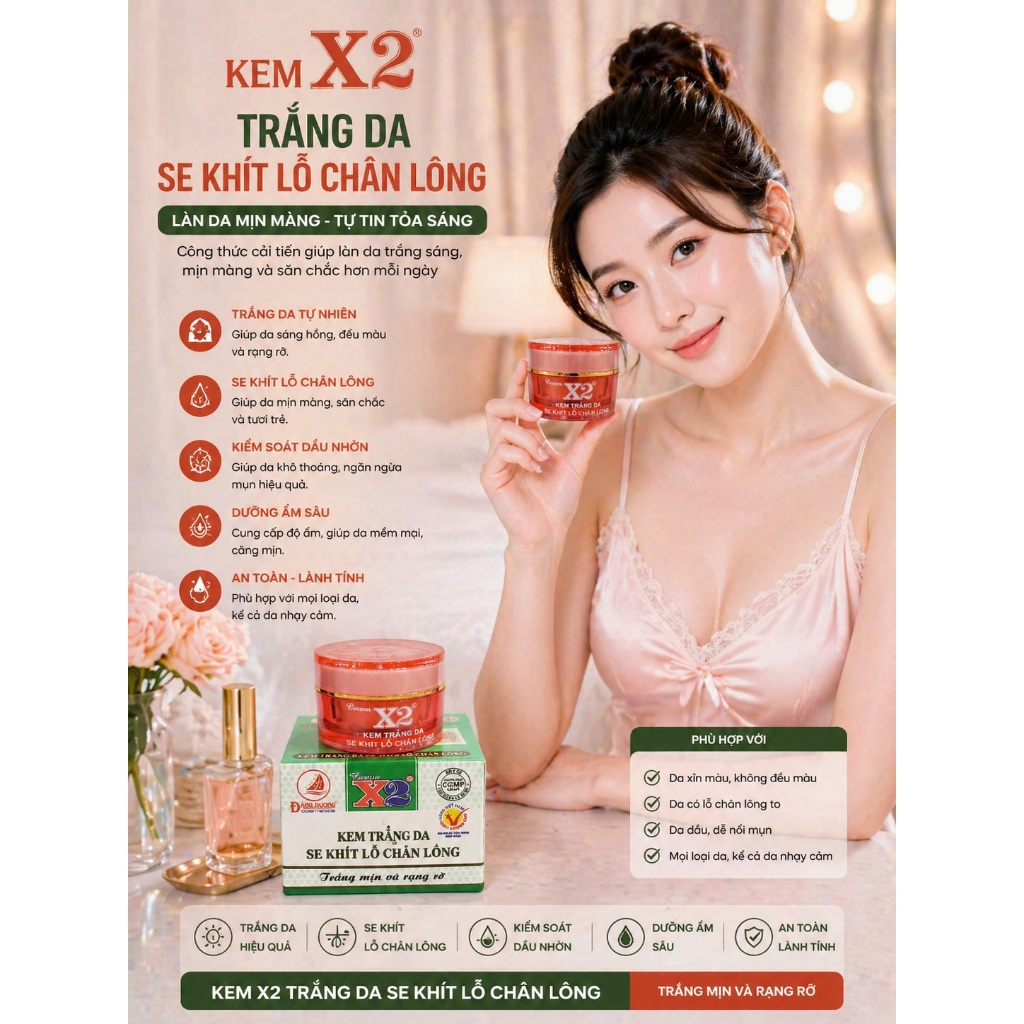 KEM X2 ĐĂNG DƯƠNG - KEM X2 TRẮNG DA SE KHÍT LỖ CHÂN LÔNG 8GR