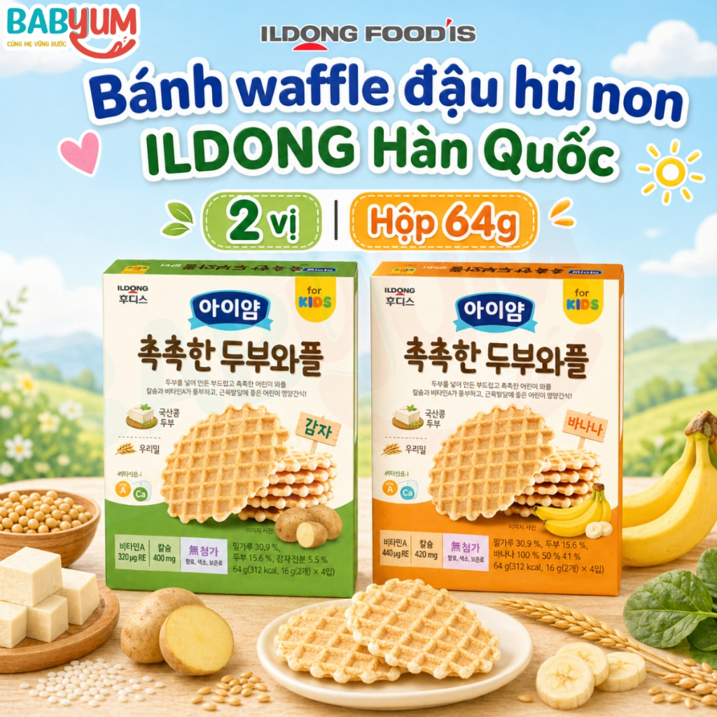 Bánh Waffle Đậu Hũ Non Ildong Hàn Quốc Hộp 64g Bánh Ăn Dặm Cho Bé Từ 12 Tháng Cao Cấp