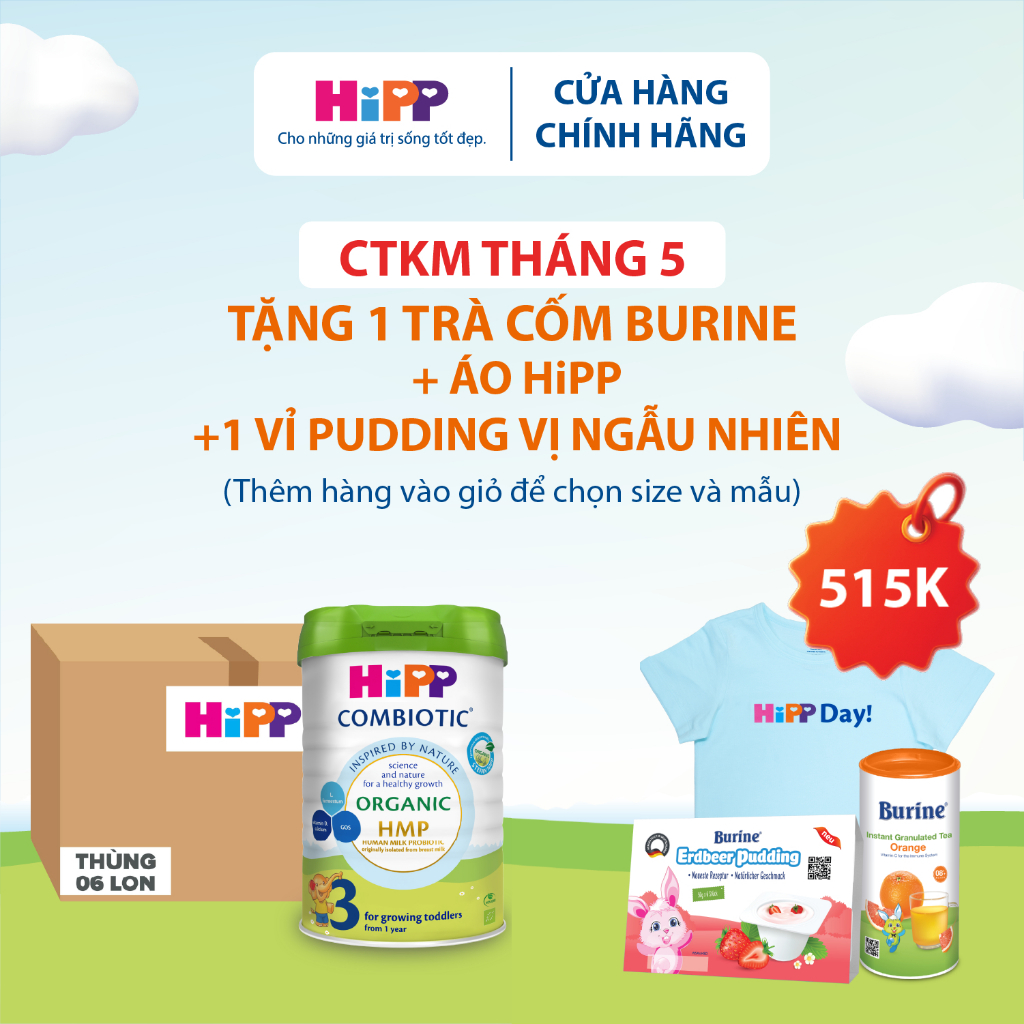 [Tặng trà Burine & Pudding] Thùng 6 lon Sữa bột công thức HiPP 3 Organic Combiotic 800g