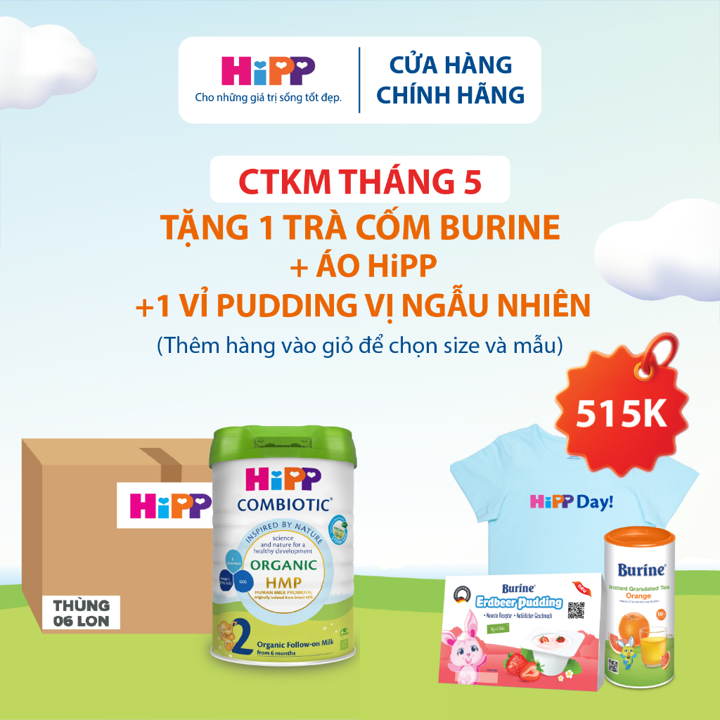 [Tặng trà Burine & Pudding] Thùng 6 lon Sữa bột công thức HiPP 2 Organic Combiotic 800g