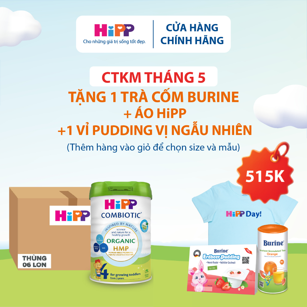 [Tặng trà Burine & Pudding] Thùng 6 lon Sữa bột công thức HiPP 4 Organic Combiotic 800g