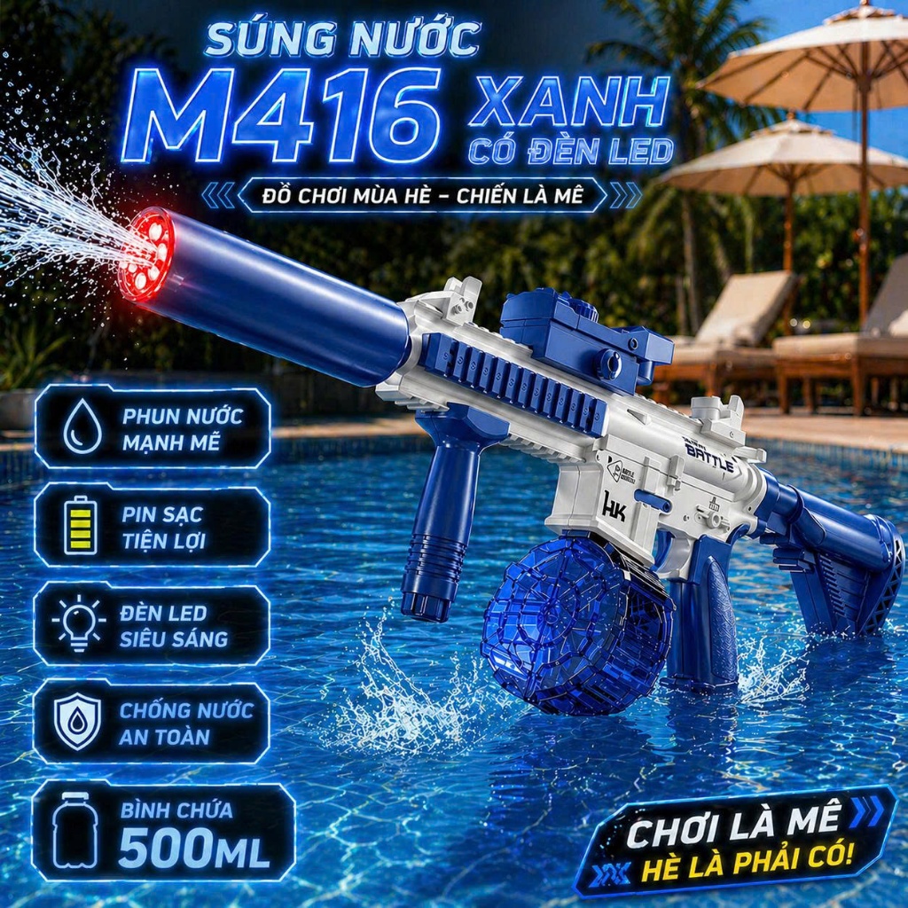 Súng nước điện tự động CÓ ĐÈN siêu hot 2025, súng nước áp lực có đèn M416
