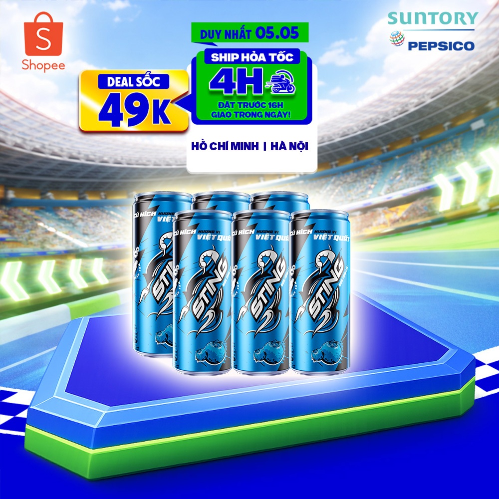 [Hỏa Tốc] Lốc 6 Lon Nước Tăng Lực Sting Xanh Vị Việt Quất (320ml/lon)