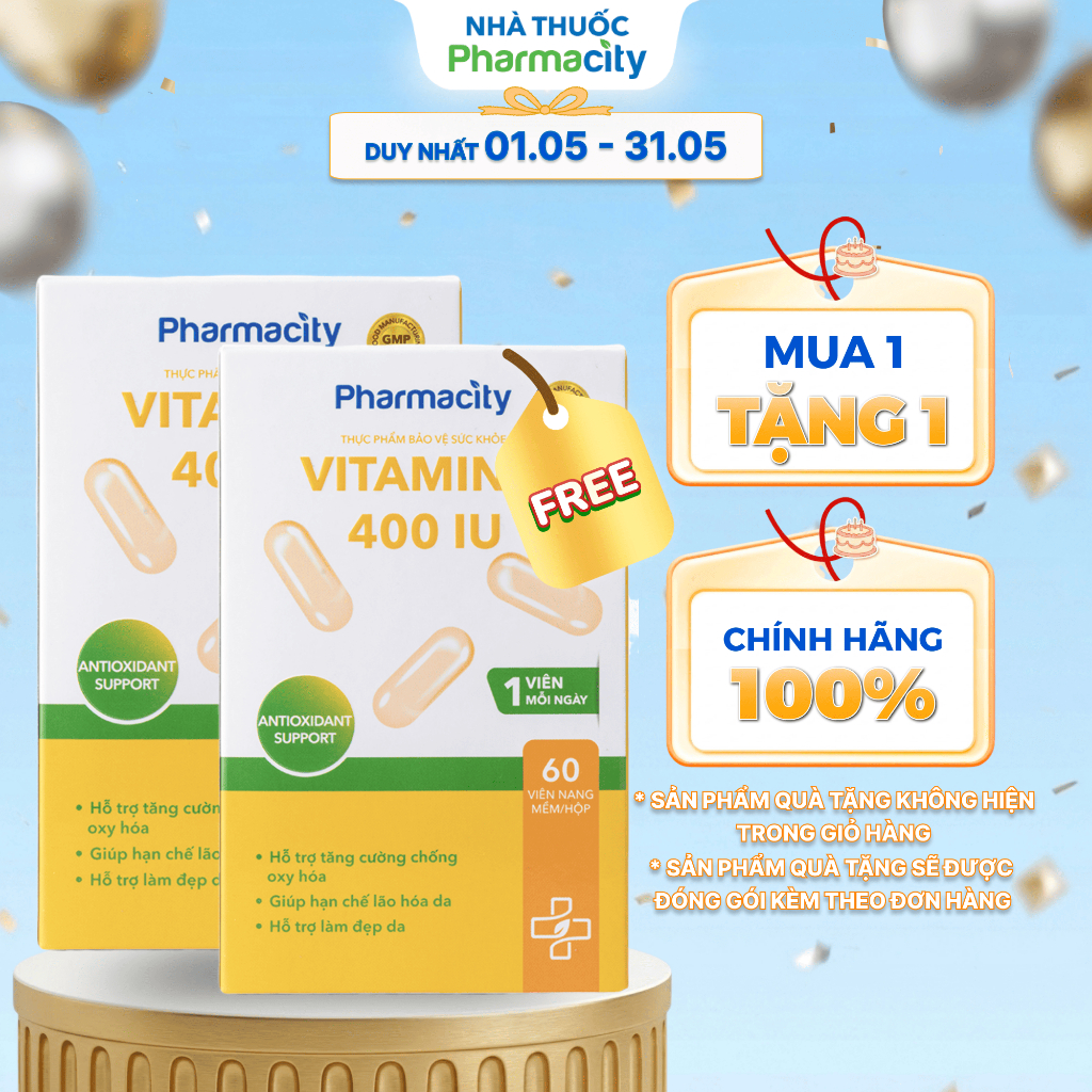 Viên uống Pharmacity Vitamin E 400IU hỗ trợ tăng cường chống oxy hóa, làm đẹp da (Chai 60 viên)