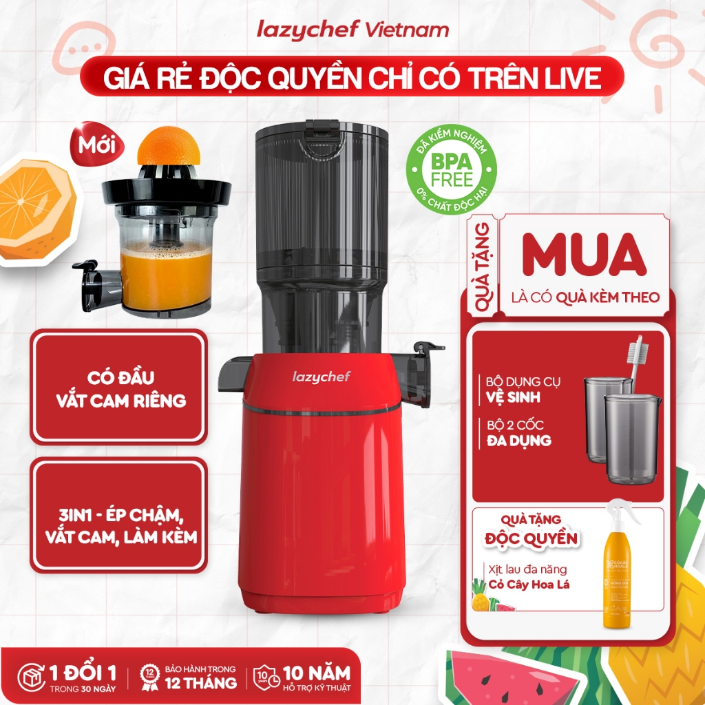 Máy Ép Chậm Nguyên Quả Vắt Cam Premium Max 3S Lazychef, Máy Làm Kem, Bảo Hành Chính Hãng 12 tháng