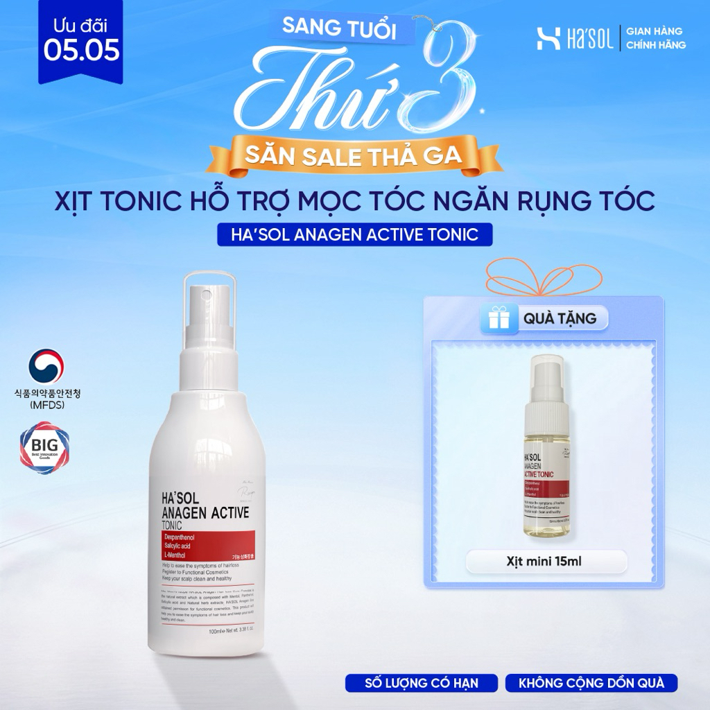 Xịt Tonic Hasol - Dưỡng Nang Tóc, Hỗ Trợ Mọc Tóc Dành Cho Tóc Rụng Mỏng Yếu Ha'sol Anagen Active Ton