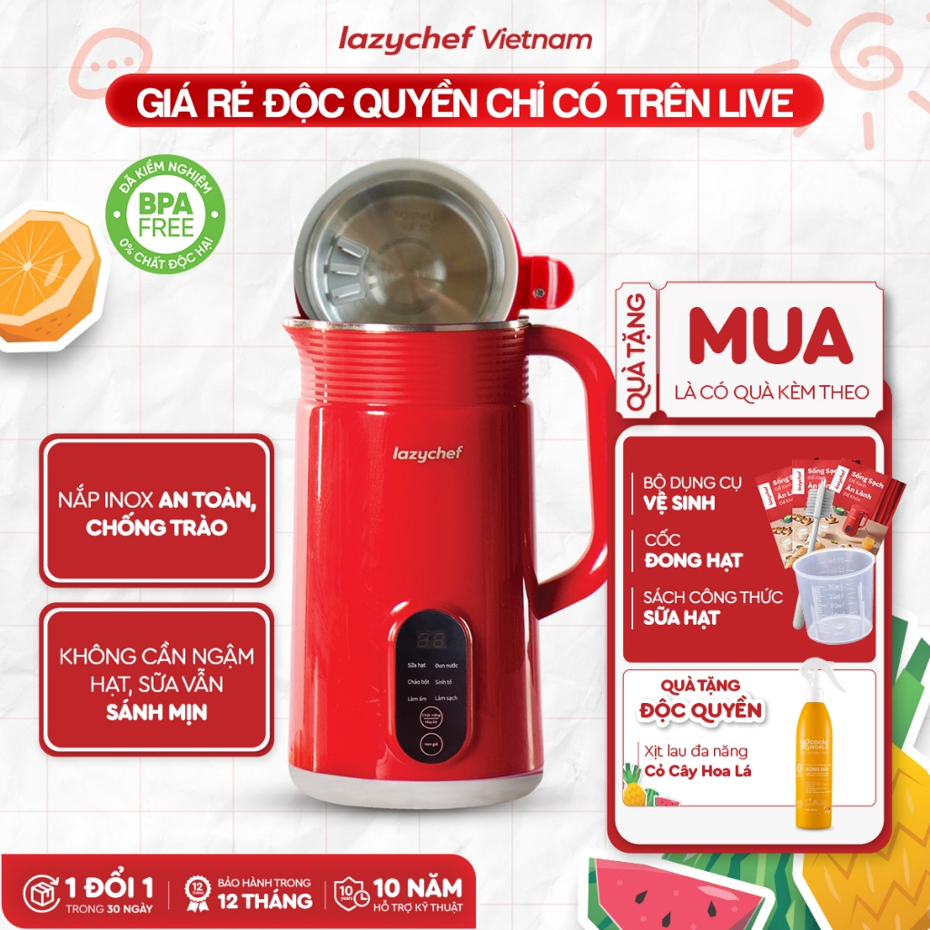 Máy Làm Sữa Hạt Đa Năng Lazychef, Máy Nấu Cháo Chậm, Máy Nấu Sữa, Máy Đun Nước, Bảo Hảnh 12 tháng VH
