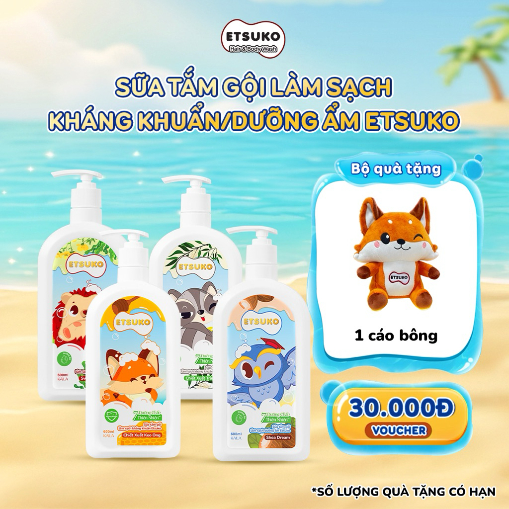 [TẶNG CÁO BÔNG] Sữa Tắm Gội Cho Bé ETSUKO 600ml Dưỡng Ẩm & Kháng Khuẩn Làm Sạch Bảo Vệ Da và Tóc.