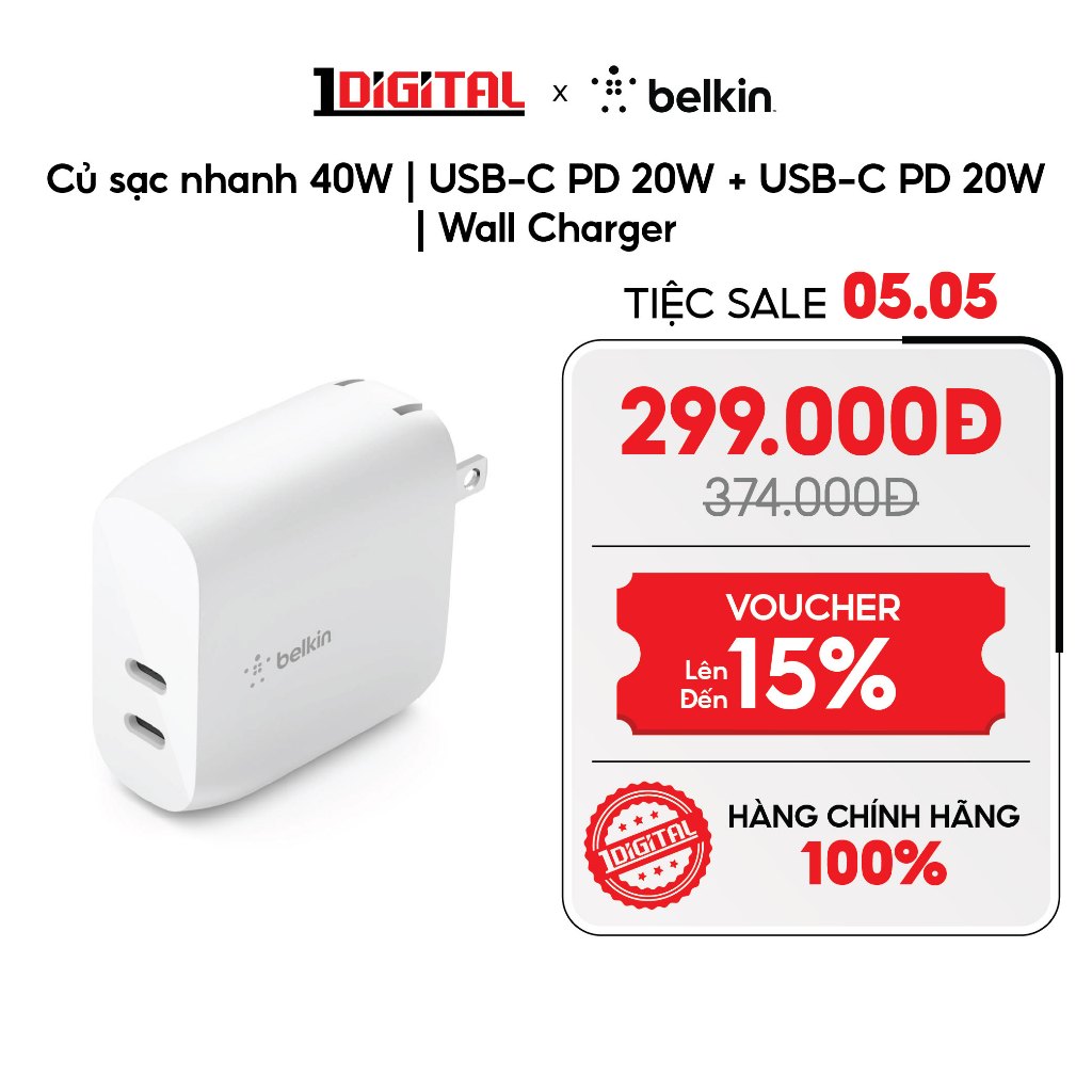 (Belkin) Củ sạc nhanh 40W | USB-C PD 20W + USB-C PD 20W | Wall Charger