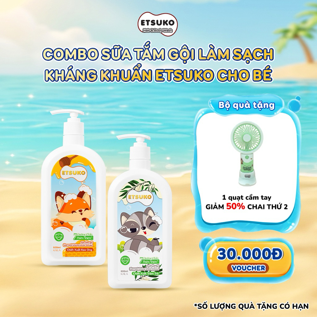 Combo 2 Chai Tắm Gội Cho Bé Kháng Khuẩn Chiết Xuất Tràm Trà & Keo Ong ETSUKO 600ml Làm Sạch Bảo Vệ