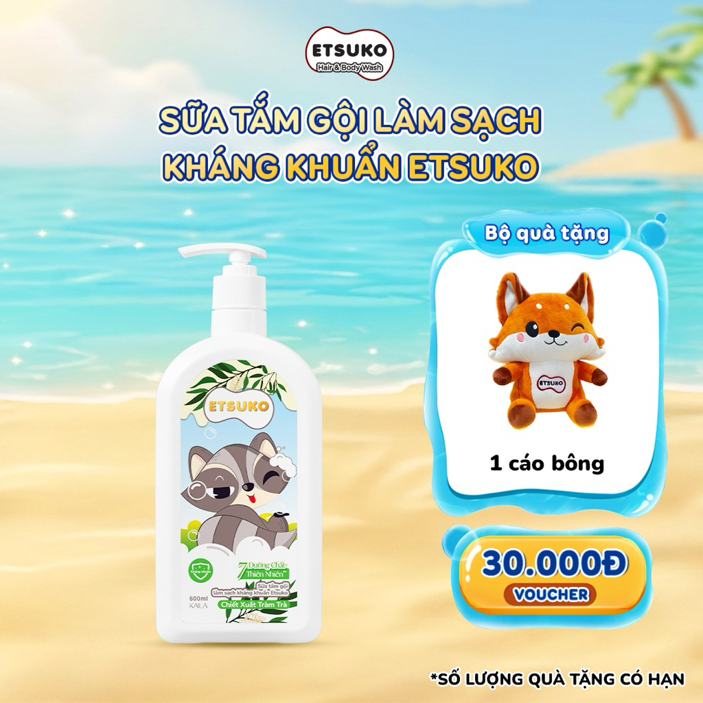Sữa Tắm Gội Cho Bé Kháng Khuẩn Chiết Xuất Tràm Trà ETSUKO 600ml Làm Sạch Bảo Vệ Làn Da Nhạy Cảm.