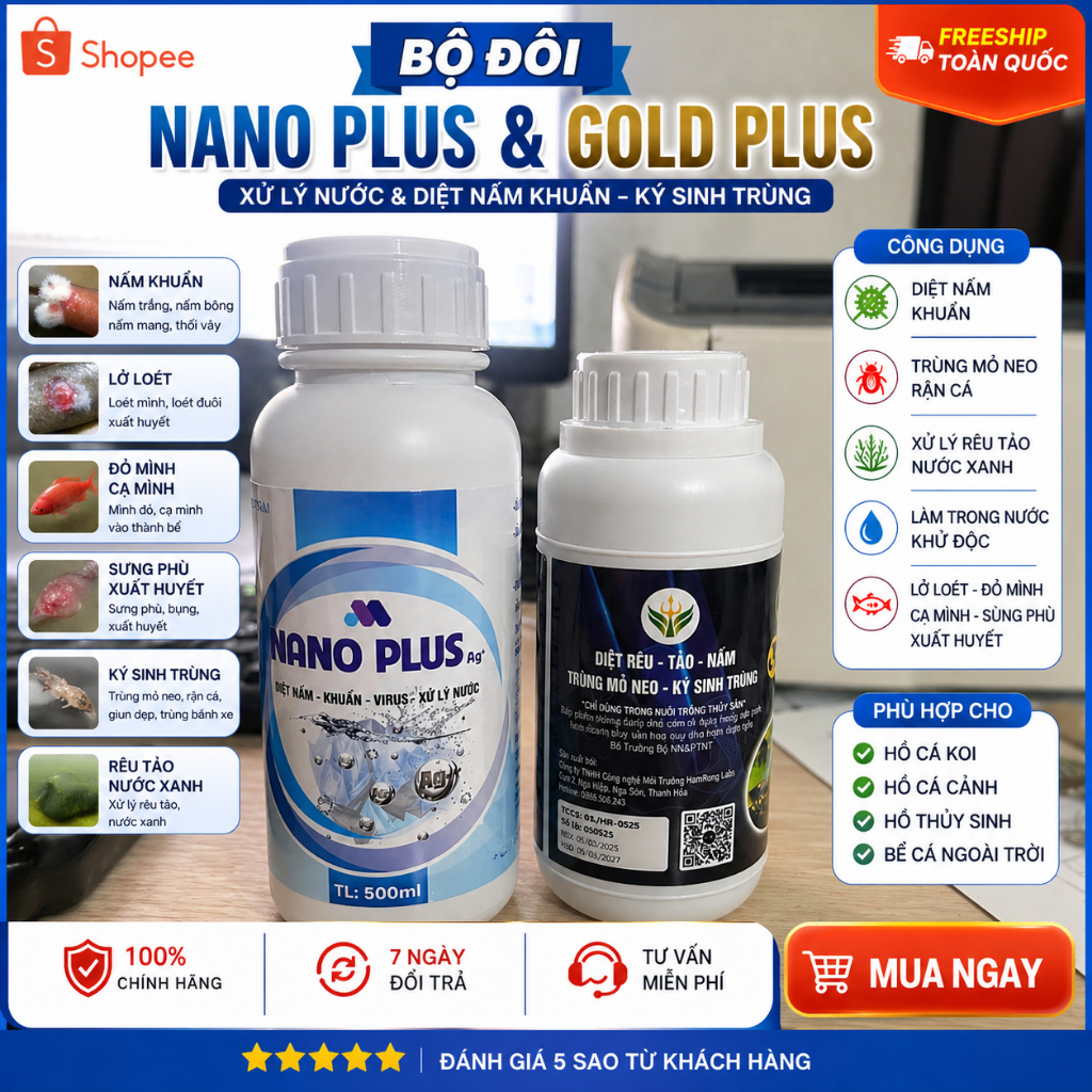 Combo Gold Plus + Nano Bạc Plus Ag Đặc Trị Nấm Cá Koi Cá Cảnh Lở Loét Ký Sinh Trùng Phục Hồi Nhanh