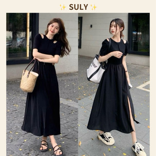 Váy dài xẻ tay lỡ hở vai mẫu mới, Đầm xoè tôn eo mặc 4 mùa hàng Quảng Châu loại 1