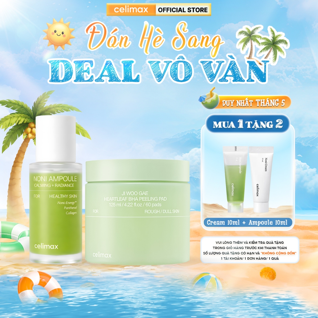 [COMBO 30ml + 60 Pads] Tinh Chất Làm Dịu Celimax The Real Noni + Toner Pad Tẩy Tế Bào Chết Celimax H