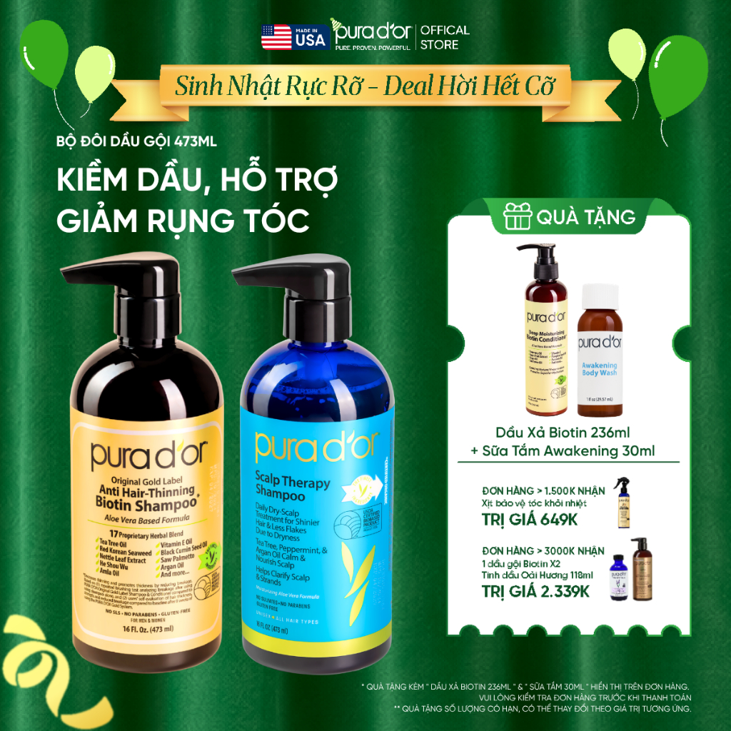 Bộ đôi kiềm dầu, hỗ trợ mọc tóc Pura D'or Original - 473ml