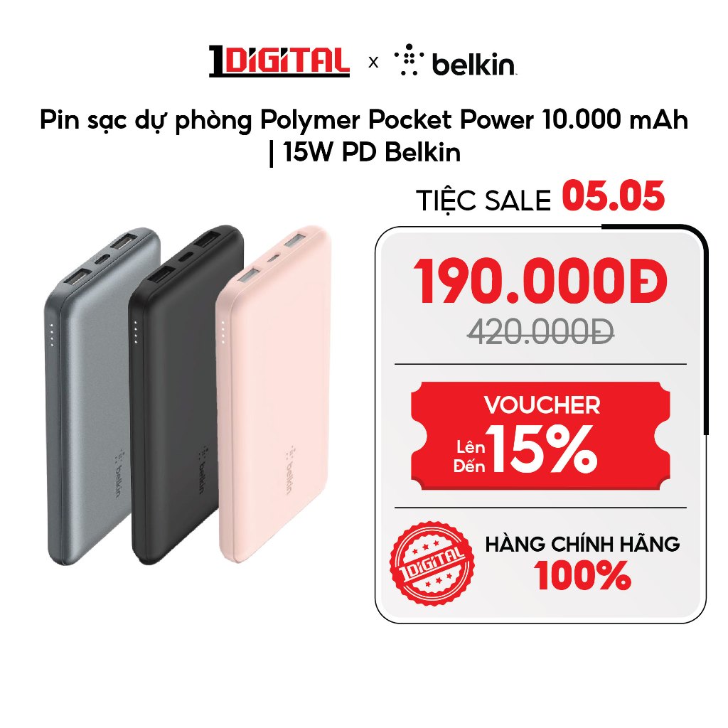 (Belkin) Pin sạc dự phòng Polymer Pocket Power 10.000 mAh | 15W PD Belkin